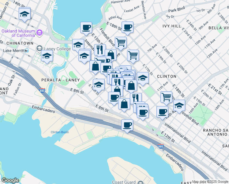 map of restaurants, bars, coffee shops, grocery stores, and more near 745 East 12th Street in Oakland