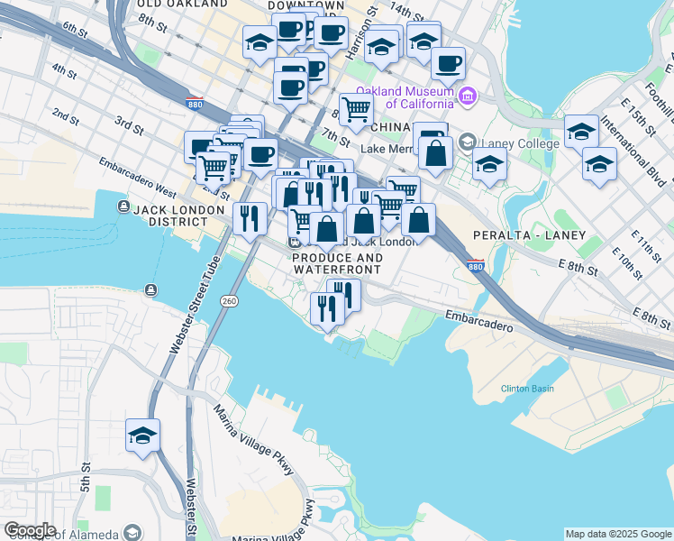 map of restaurants, bars, coffee shops, grocery stores, and more near 43 Madison Street in Oakland