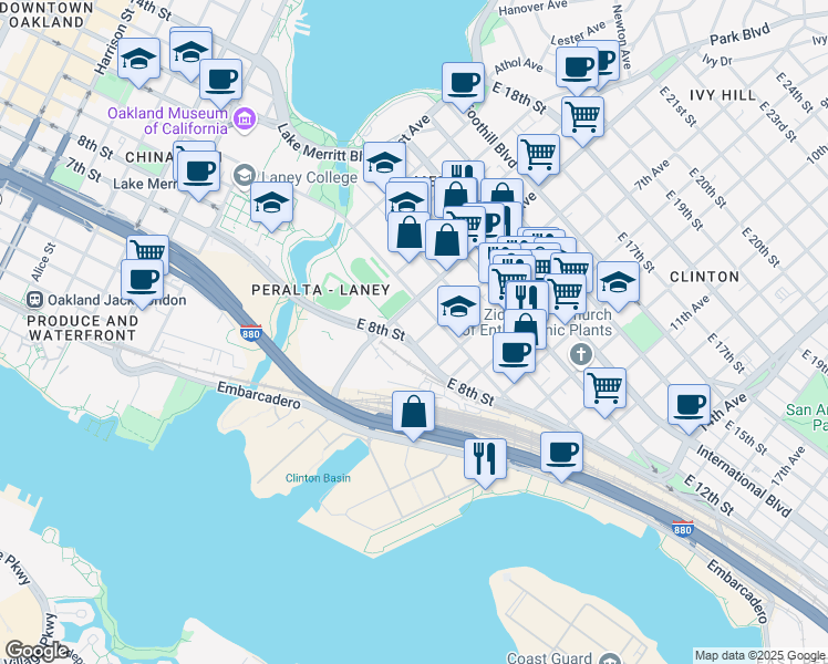 map of restaurants, bars, coffee shops, grocery stores, and more near East Drive in Oakland