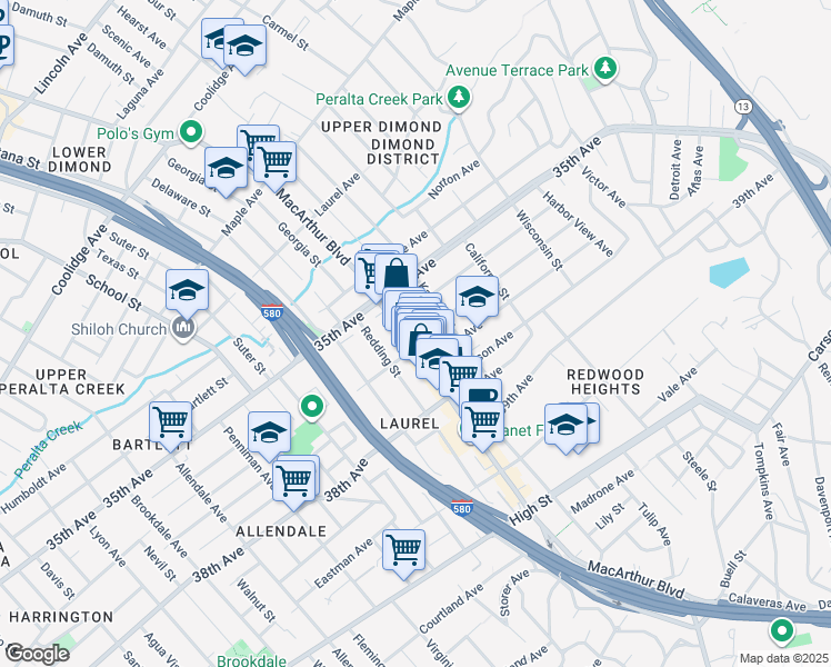 map of restaurants, bars, coffee shops, grocery stores, and more near 3611 Loma Vista Avenue in Oakland
