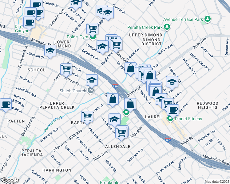 map of restaurants, bars, coffee shops, grocery stores, and more near 3385 Arkansas Street in Oakland
