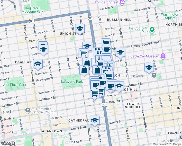 map of restaurants, bars, coffee shops, grocery stores, and more near 1920 Franklin Street in San Francisco