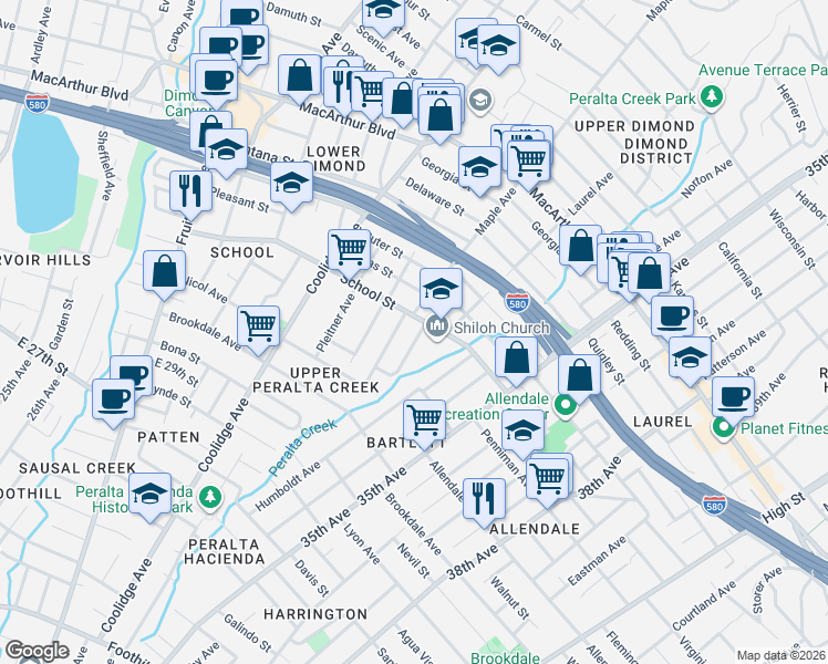 map of restaurants, bars, coffee shops, grocery stores, and more near 3147 Berlin Way in Oakland