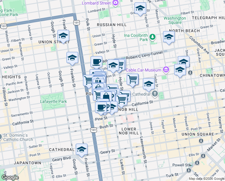 map of restaurants, bars, coffee shops, grocery stores, and more near 1565 Larkin Street in San Francisco