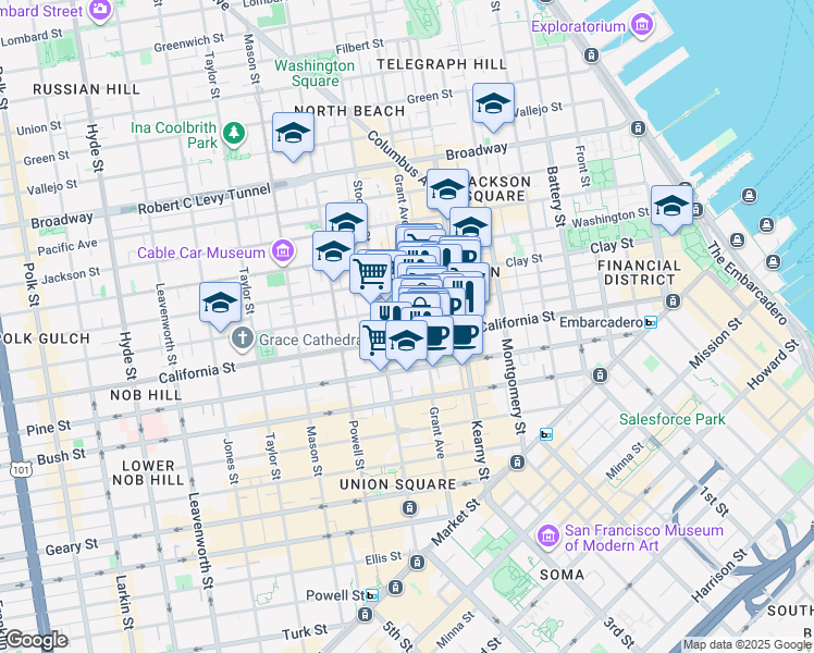 map of restaurants, bars, coffee shops, grocery stores, and more near 700 California Street in San Francisco