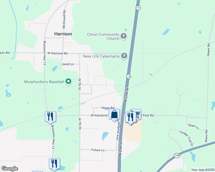 map of restaurants, bars, coffee shops, grocery stores, and more near 224 Hiser Road in Murphysboro