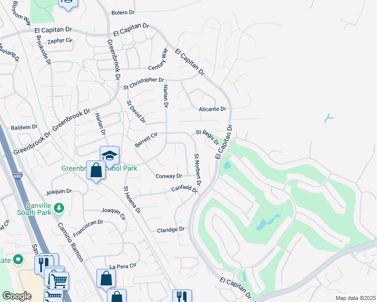 map of restaurants, bars, coffee shops, grocery stores, and more near 456 Saint Francis Drive in Danville