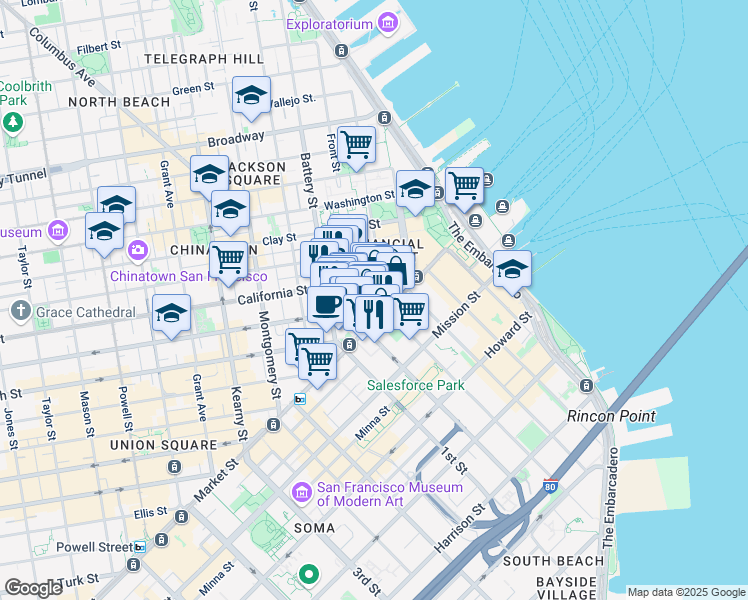 map of restaurants, bars, coffee shops, grocery stores, and more near 101 California Street in San Francisco