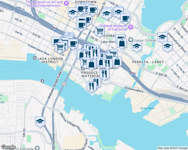 map of restaurants, bars, coffee shops, grocery stores, and more near 105 Madison Street in Oakland
