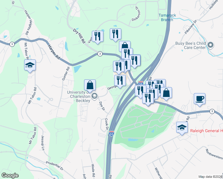 map of restaurants, bars, coffee shops, grocery stores, and more near 169 George Street in Beckley
