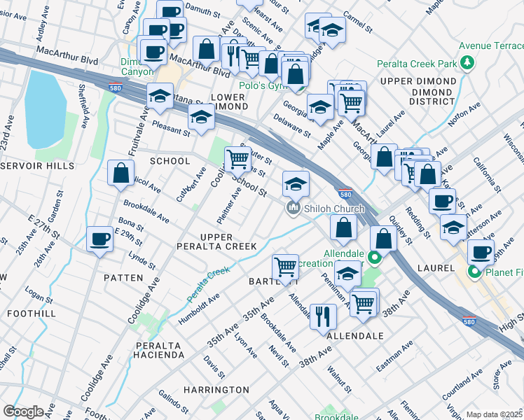 map of restaurants, bars, coffee shops, grocery stores, and more near 3124 Maple Avenue in Oakland