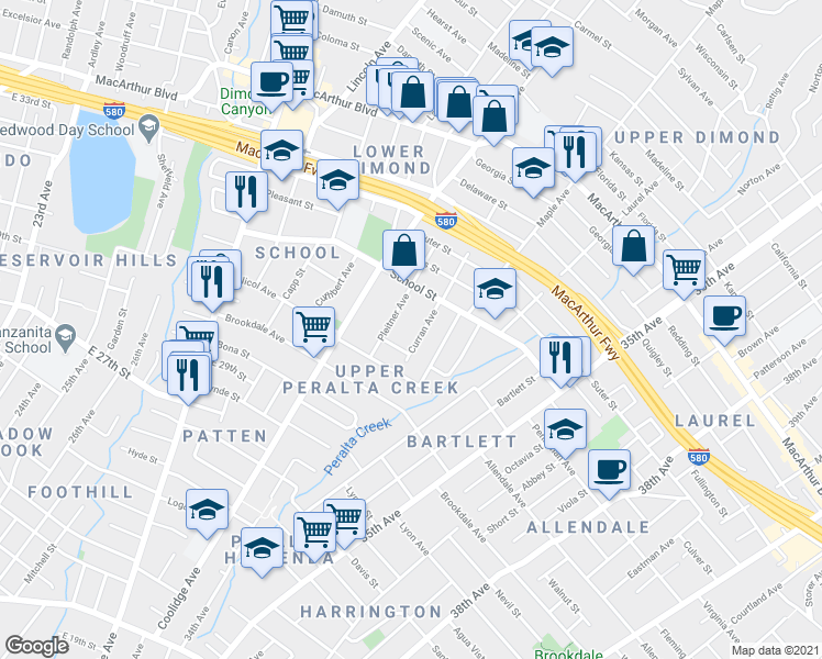 map of restaurants, bars, coffee shops, grocery stores, and more near 3066 Curran Avenue in Oakland