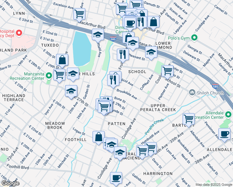 map of restaurants, bars, coffee shops, grocery stores, and more near 2930 Bona Street in Oakland