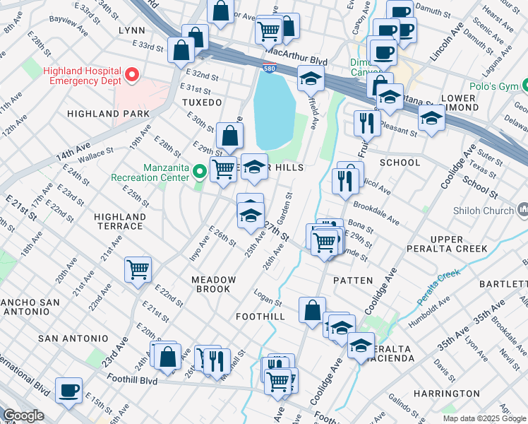 map of restaurants, bars, coffee shops, grocery stores, and more near 2410 East 27th Street in Oakland