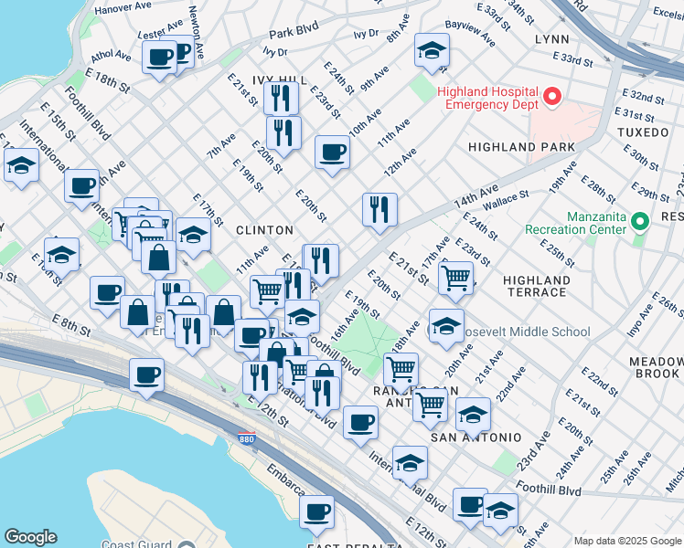 map of restaurants, bars, coffee shops, grocery stores, and more near 1847 13th Avenue in Oakland