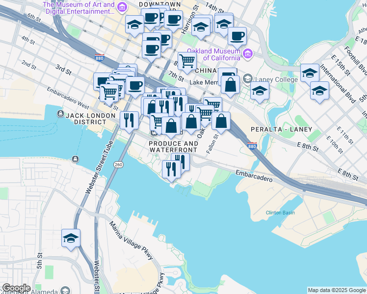 map of restaurants, bars, coffee shops, grocery stores, and more near 105 Madison Street in Oakland