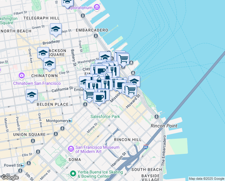 map of restaurants, bars, coffee shops, grocery stores, and more near 258 Mission Street in San Francisco