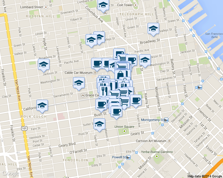 map of restaurants, bars, coffee shops, grocery stores, and more near in San Francisco