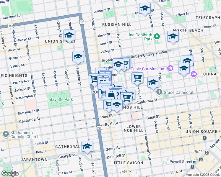 map of restaurants, bars, coffee shops, grocery stores, and more near 1565 Larkin Street in San Francisco