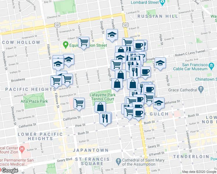 map of restaurants, bars, coffee shops, grocery stores, and more near 2010 Washington Street in San Francisco