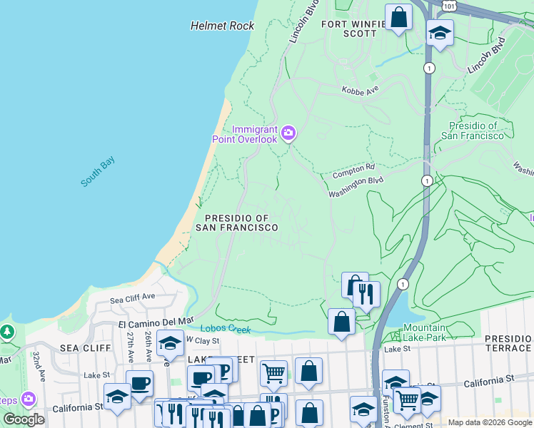 map of restaurants, bars, coffee shops, grocery stores, and more near 1585 Stilwell Road in San Francisco