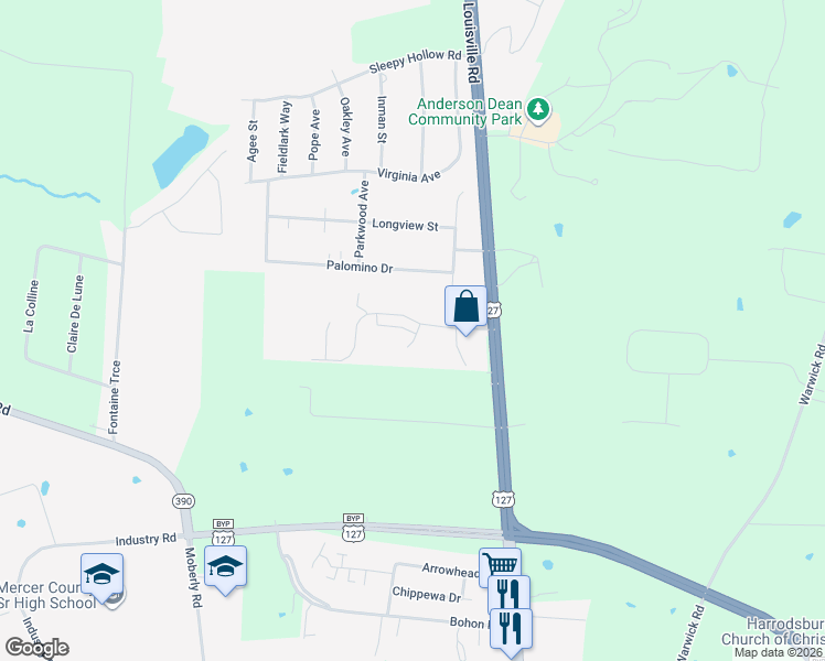 map of restaurants, bars, coffee shops, grocery stores, and more near in Harrodsburg