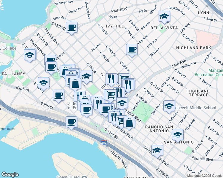map of restaurants, bars, coffee shops, grocery stores, and more near 1701 12th Avenue in Oakland