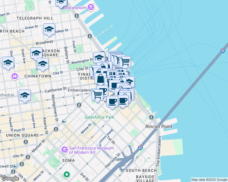 map of restaurants, bars, coffee shops, grocery stores, and more near 98 Mission Street in San Francisco