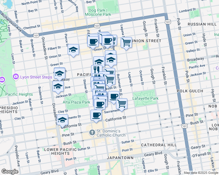 map of restaurants, bars, coffee shops, grocery stores, and more near 2300 Jackson Street in San Francisco