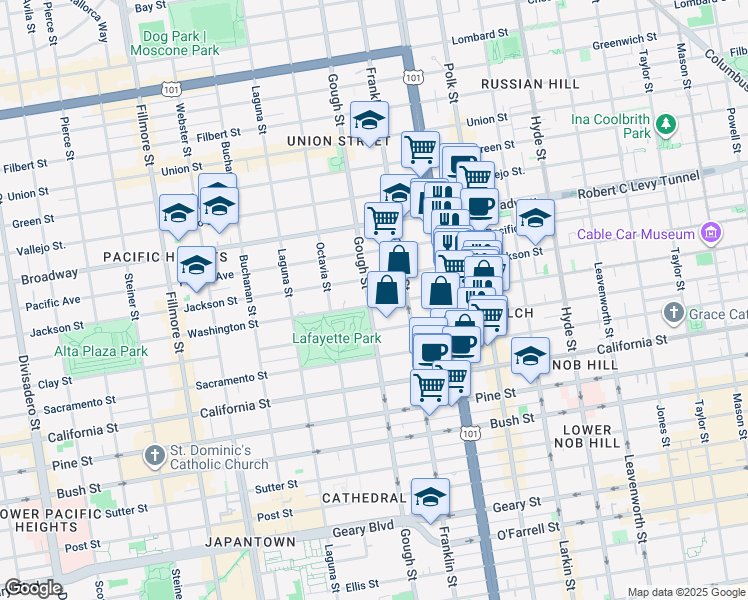 map of restaurants, bars, coffee shops, grocery stores, and more near 1945 Washington Street in San Francisco