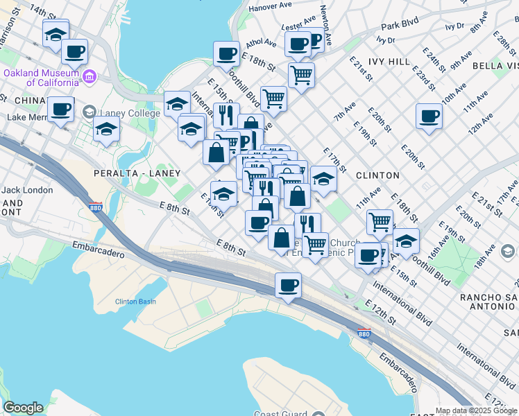 map of restaurants, bars, coffee shops, grocery stores, and more near 745 East 12th Street in Oakland