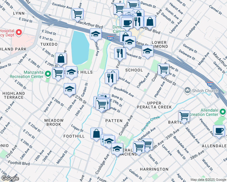map of restaurants, bars, coffee shops, grocery stores, and more near 2856 Fruitvale Avenue in Oakland