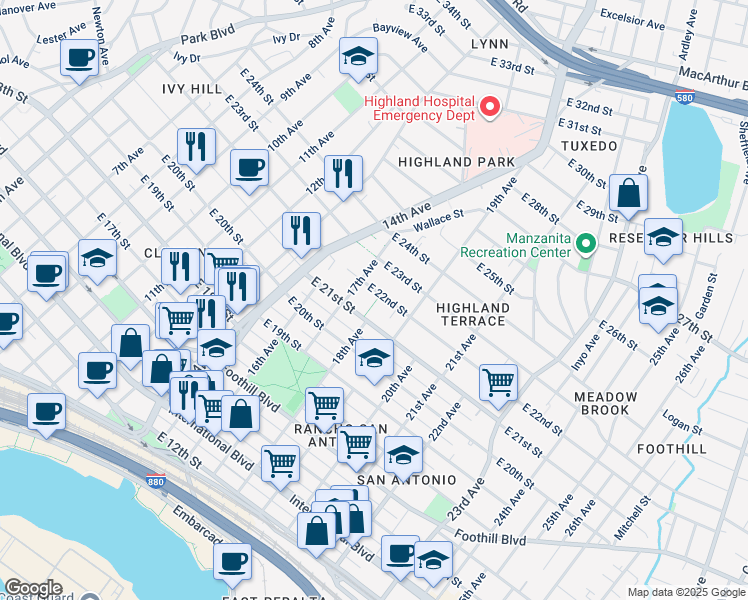 map of restaurants, bars, coffee shops, grocery stores, and more near 1739 East 22nd Street in Oakland