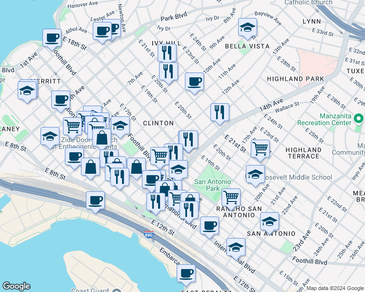 map of restaurants, bars, coffee shops, grocery stores, and more near 1815 13th Avenue in Oakland