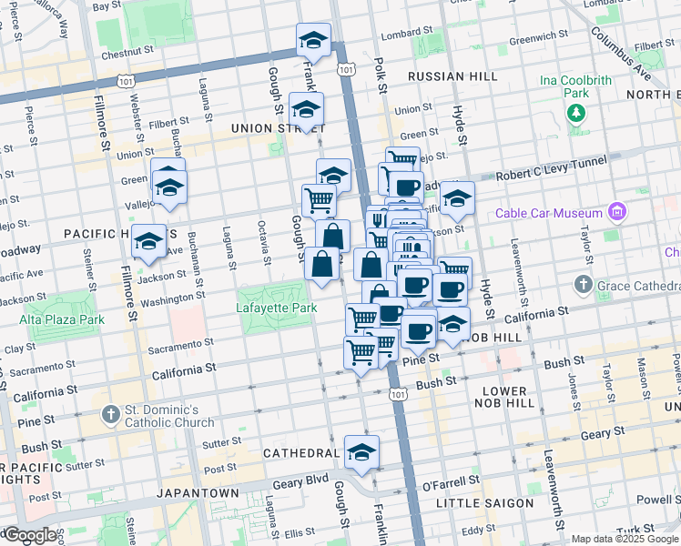 map of restaurants, bars, coffee shops, grocery stores, and more near 1901 Washington Street in San Francisco