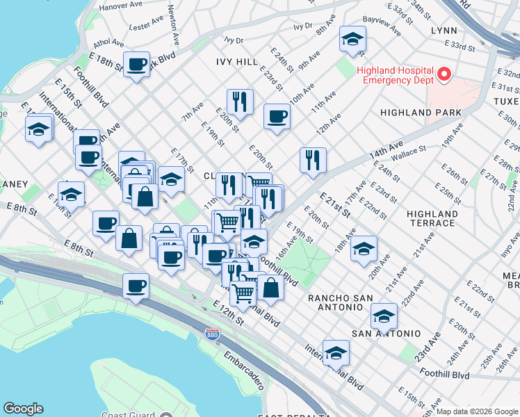 map of restaurants, bars, coffee shops, grocery stores, and more near 1815 13th Avenue in Oakland