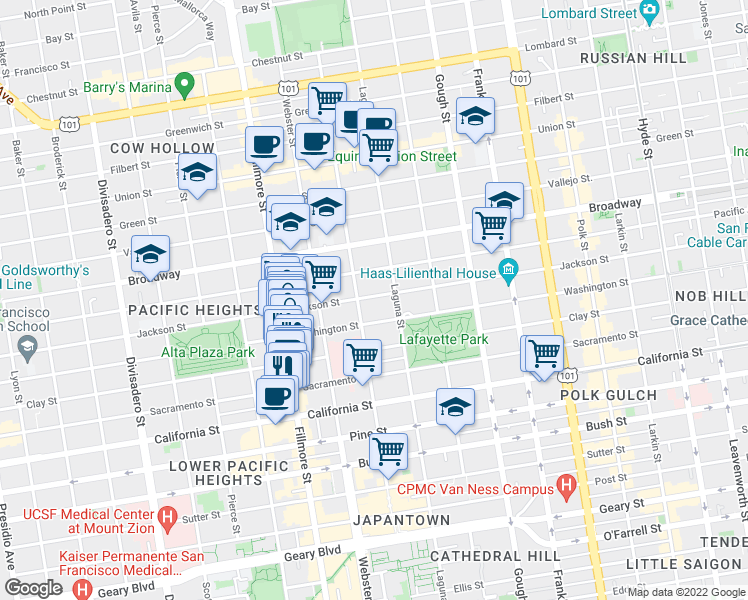 map of restaurants, bars, coffee shops, grocery stores, and more near 2157 Jackson Street in San Francisco