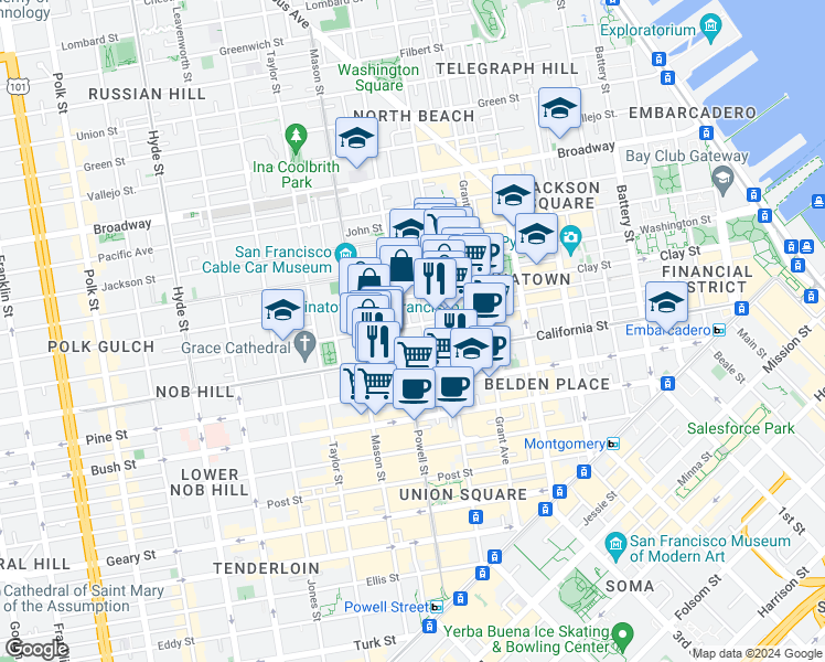 map of restaurants, bars, coffee shops, grocery stores, and more near 875 California Street in San Francisco