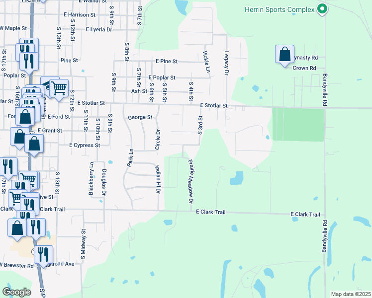 map of restaurants, bars, coffee shops, grocery stores, and more near 1200 Wildflower Lane in Herrin