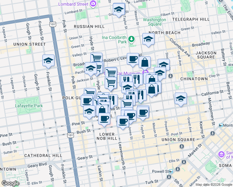 map of restaurants, bars, coffee shops, grocery stores, and more near 1373 Clay Street in San Francisco