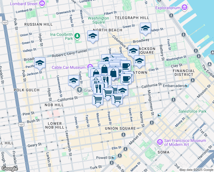 map of restaurants, bars, coffee shops, grocery stores, and more near 850 Powell Street in San Francisco
