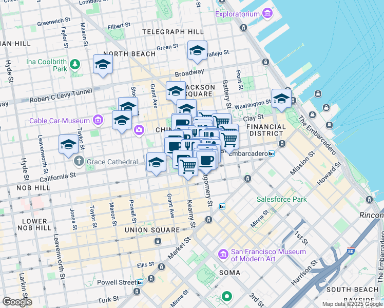map of restaurants, bars, coffee shops, grocery stores, and more near 550 California Street in San Francisco