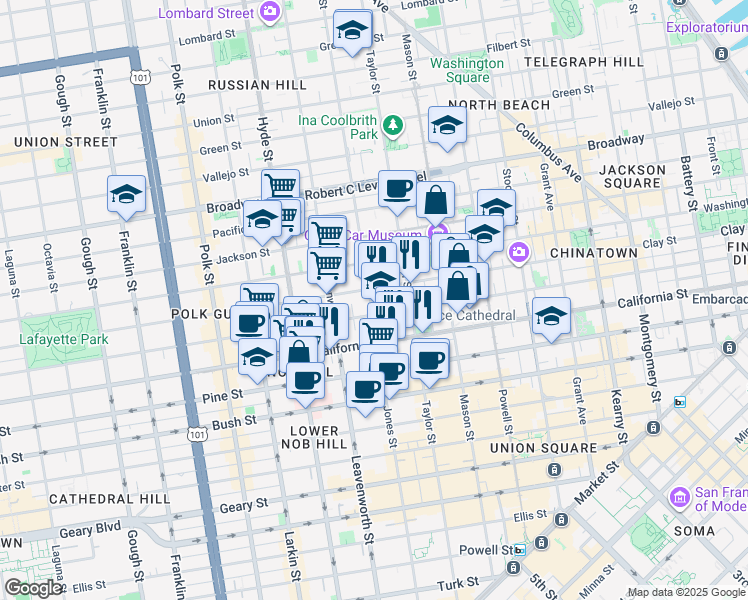 map of restaurants, bars, coffee shops, grocery stores, and more near 1234 Jones Street in San Francisco