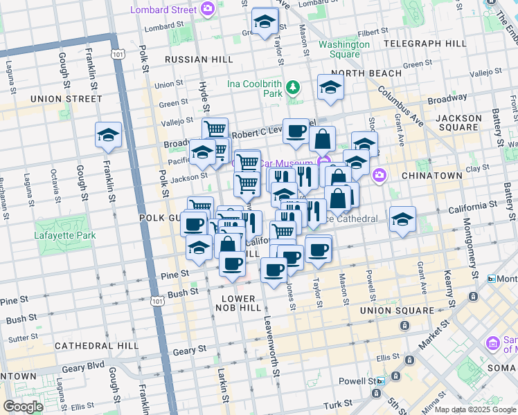 map of restaurants, bars, coffee shops, grocery stores, and more near 1373 Clay Street in San Francisco