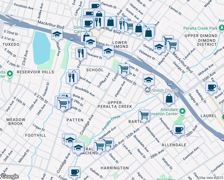 map of restaurants, bars, coffee shops, grocery stores, and more near 3100 Coolidge Avenue in Oakland