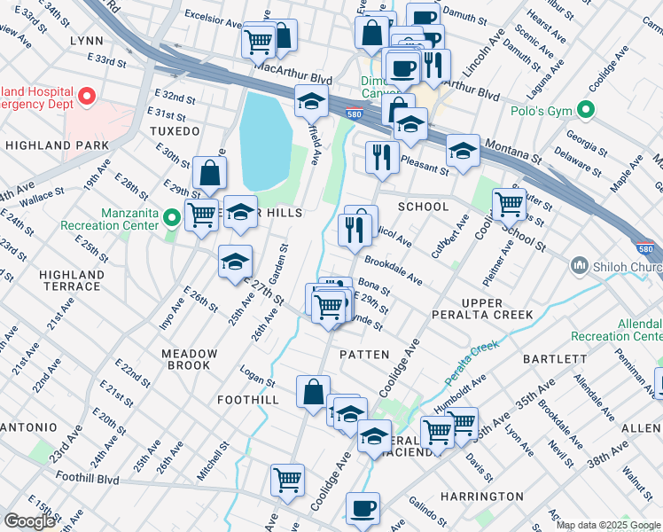 map of restaurants, bars, coffee shops, grocery stores, and more near 2751 Bona Street in Oakland