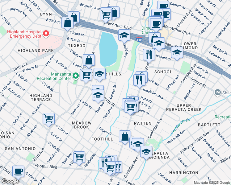 map of restaurants, bars, coffee shops, grocery stores, and more near 2727 Garden Street in Oakland