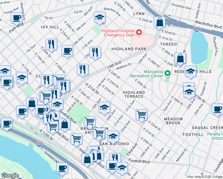 map of restaurants, bars, coffee shops, grocery stores, and more near 1815 East 22nd Street in Oakland