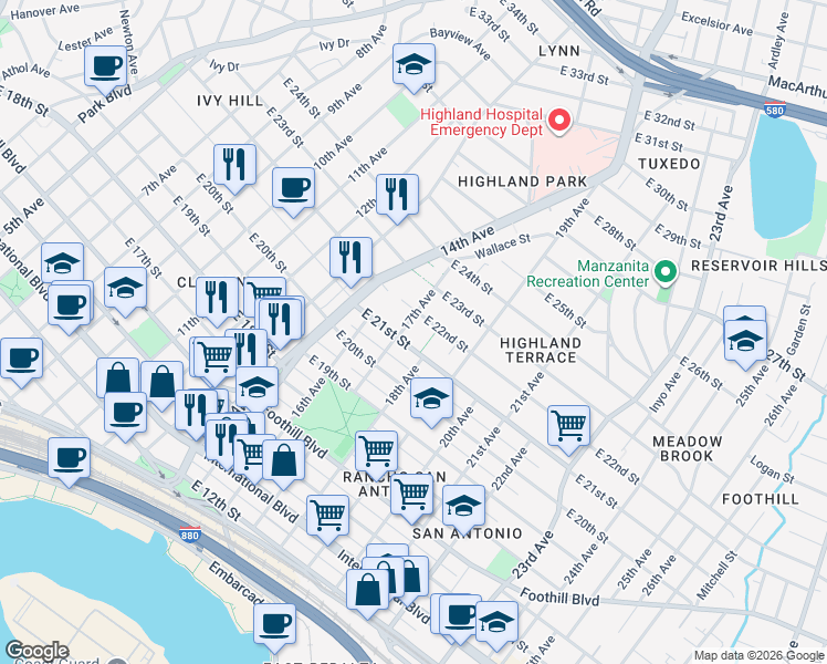 map of restaurants, bars, coffee shops, grocery stores, and more near 1714 East 21st Street in Oakland