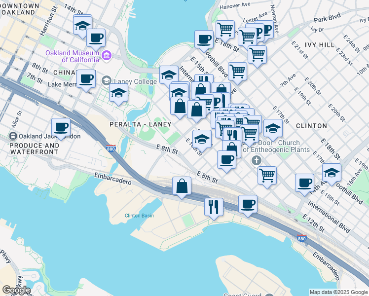 map of restaurants, bars, coffee shops, grocery stores, and more near 828 6th Avenue in Oakland